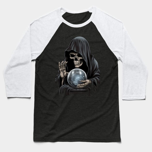Gothic Grim Reaper Crystal Ball Baseball T-Shirt by RichieDuprey